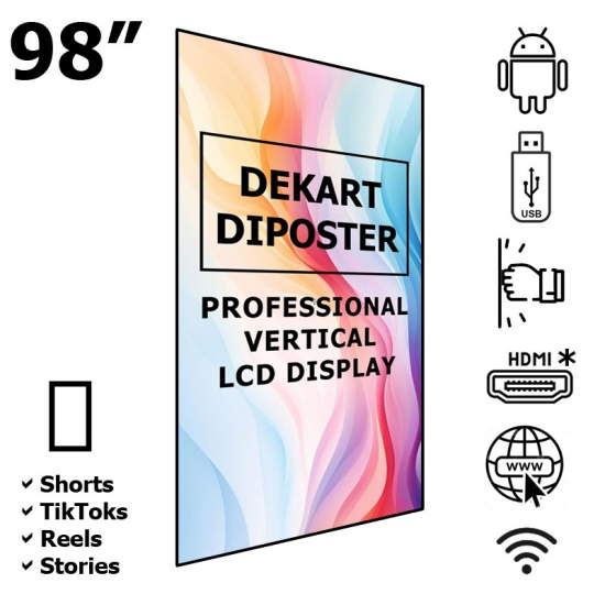Dekart DIPOSTER-98024-BK – Layar vertikal 98" UHD 4K Android Dekart DIPOSTER-98024-BK – Layar vertikal 98" UHD 4K Android