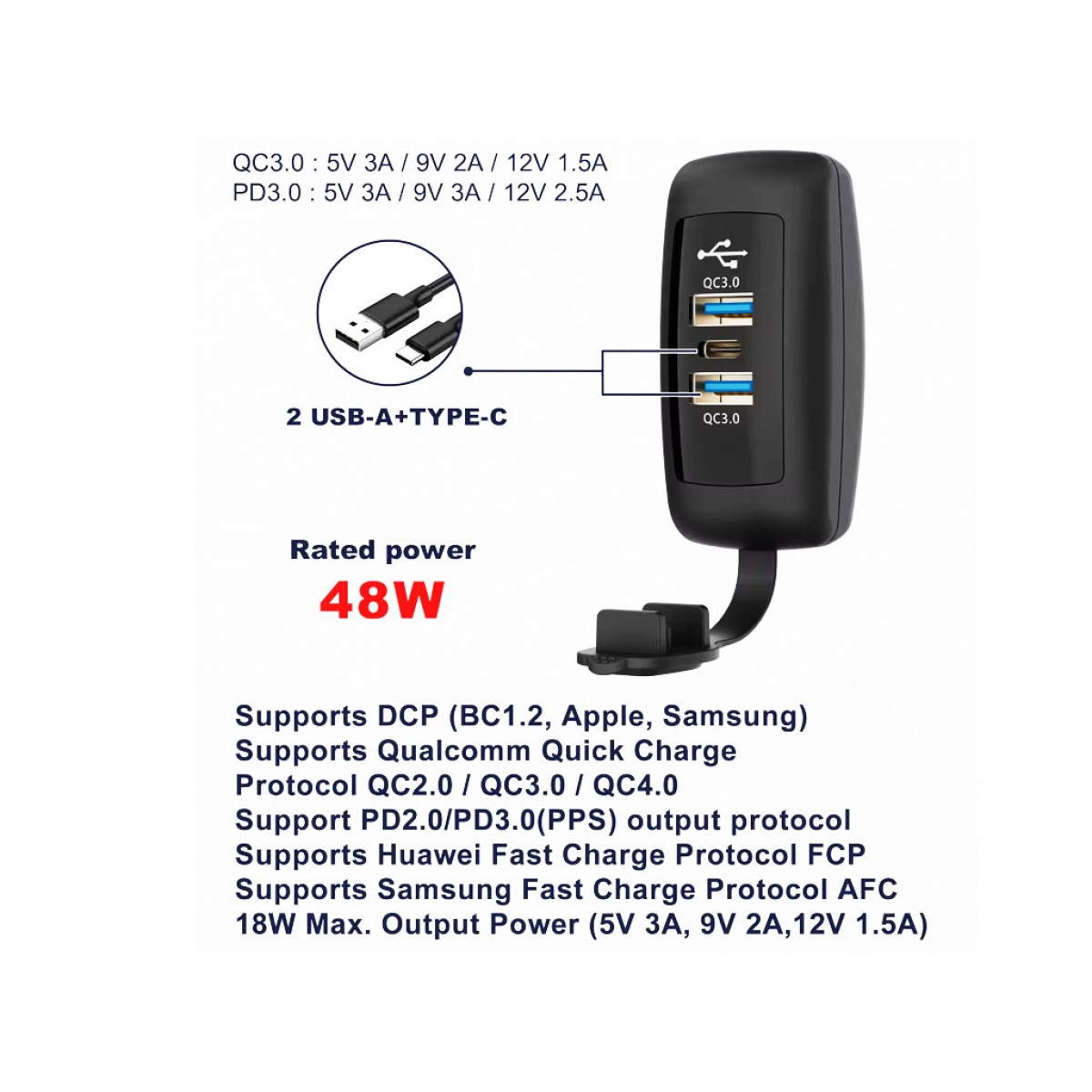 Cargador USB de tres puertos con carga rápida Cargador USB de tres puertos con carga rápida
